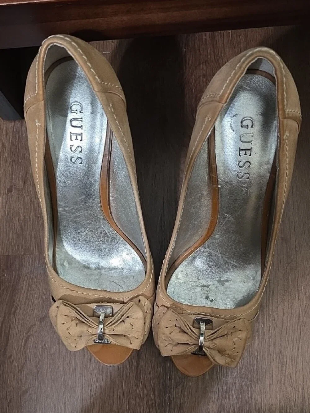 Guess Tan Open-Toe Platform Heels with Bow Detail